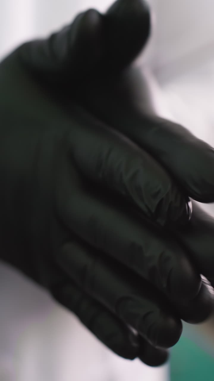 близкий взгляд на человека в черных перчатках, непрерывно протирающего руки вместе с размытым взглядом на полку позади