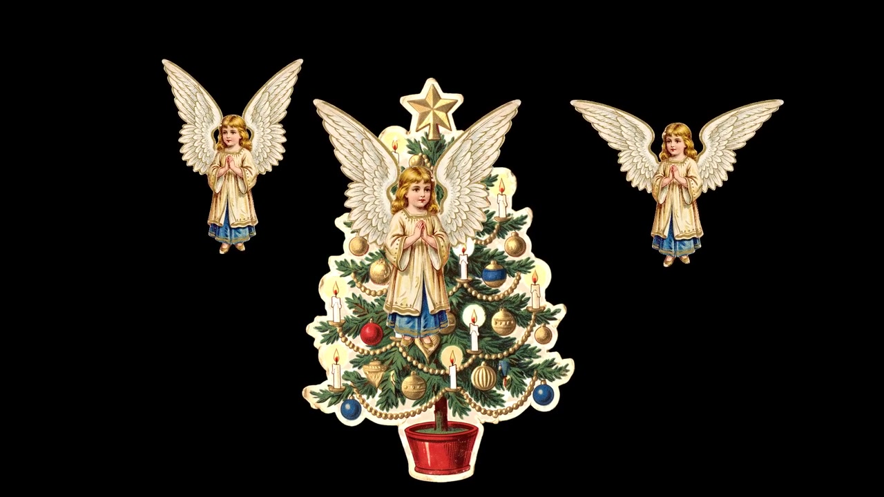 Illustrazione natalizia vintage con angeli e albero decorato