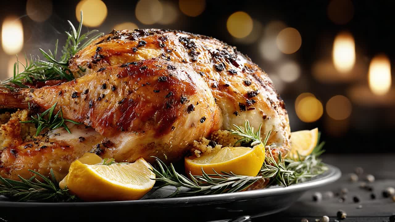 A perfectly roasted chicken garnished with fresh herbs and slices of lemon, radiating warmth and rich flavors against a softly glowing blurred background
