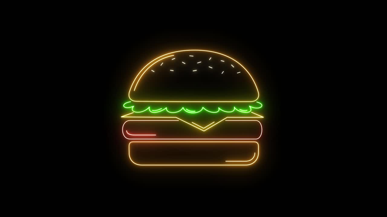 señales de neón animadas de hamburguesas brillantes.