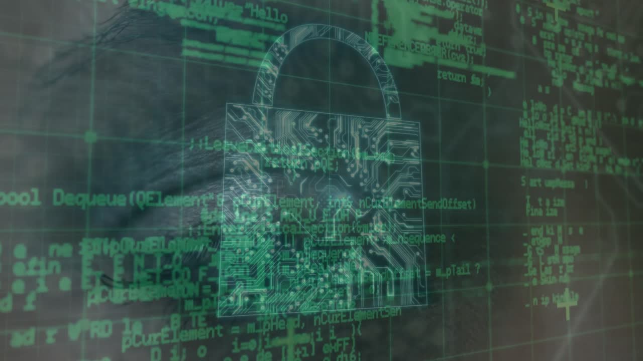 Animation of digital interface with security padlock over human eye