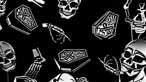 skulls and coffins pattern animation with black and white contrast