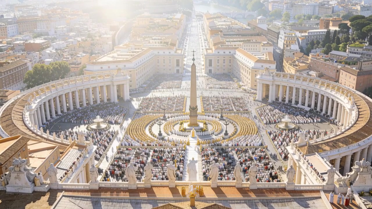 Campana che segnala il clero in processione che indossa abiti lungo un percorso pedonale presso una basilica vicino a un obelisco per una cerimonia