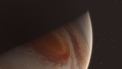 timelapse close up of gas giant planet jupiter big red eye storm turning night to day with stars background 4k