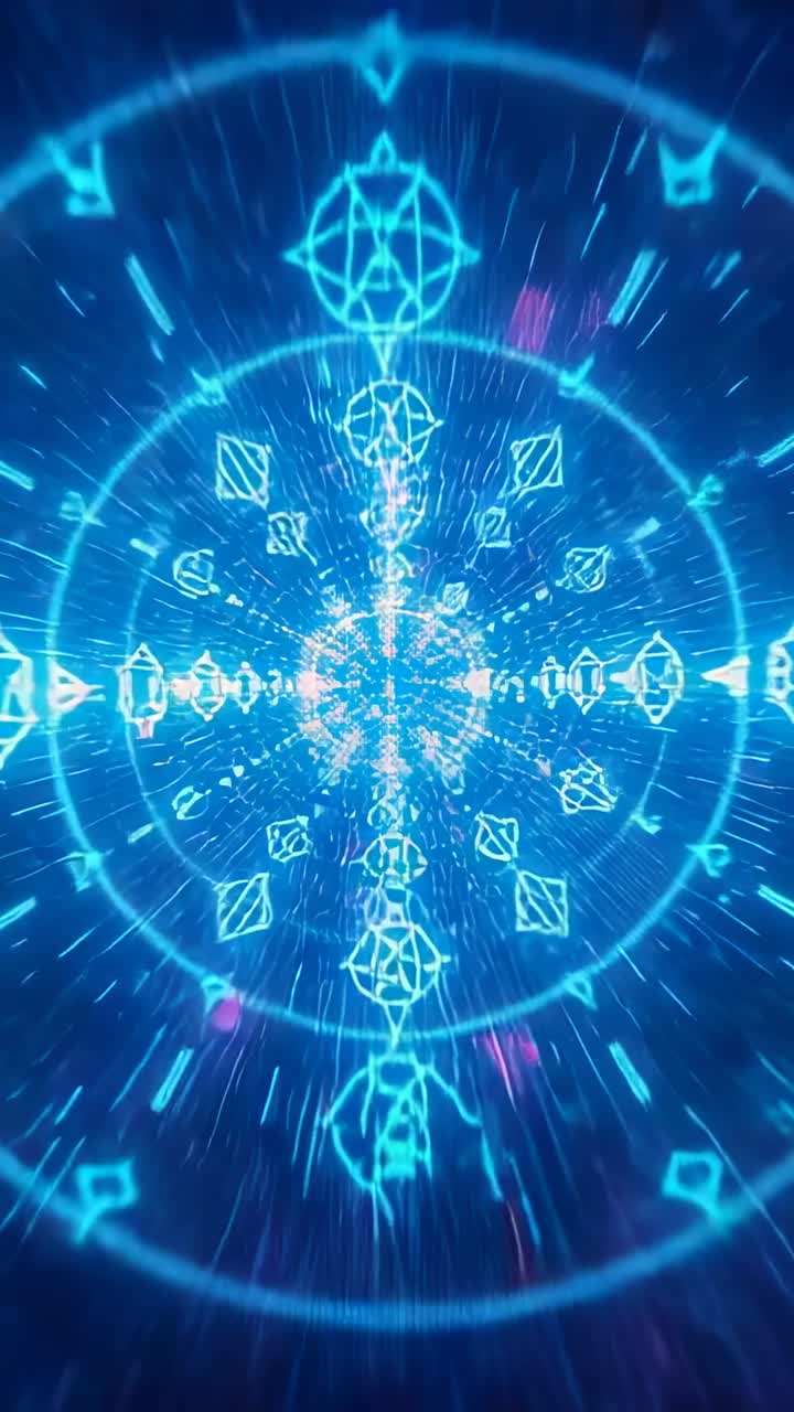 Vertical video: Forming 3D tunnel accelerating inward, cyan shapes rotating and magenta streaks