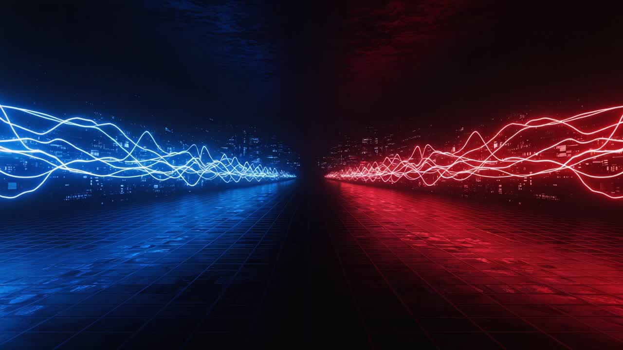 A Stunning Display of Blue and Red Light Waves Intertwining in a Futuristic, Abstract Environment, Creating a Striking Visual Contrast and Engaging Atmosphere