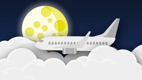 Eine-Animation-Eines-Flugzeugs,-Das-Nachts-über-Den-Wolken-Fliegt,-Während-Der-Mond-Hell-Scheint