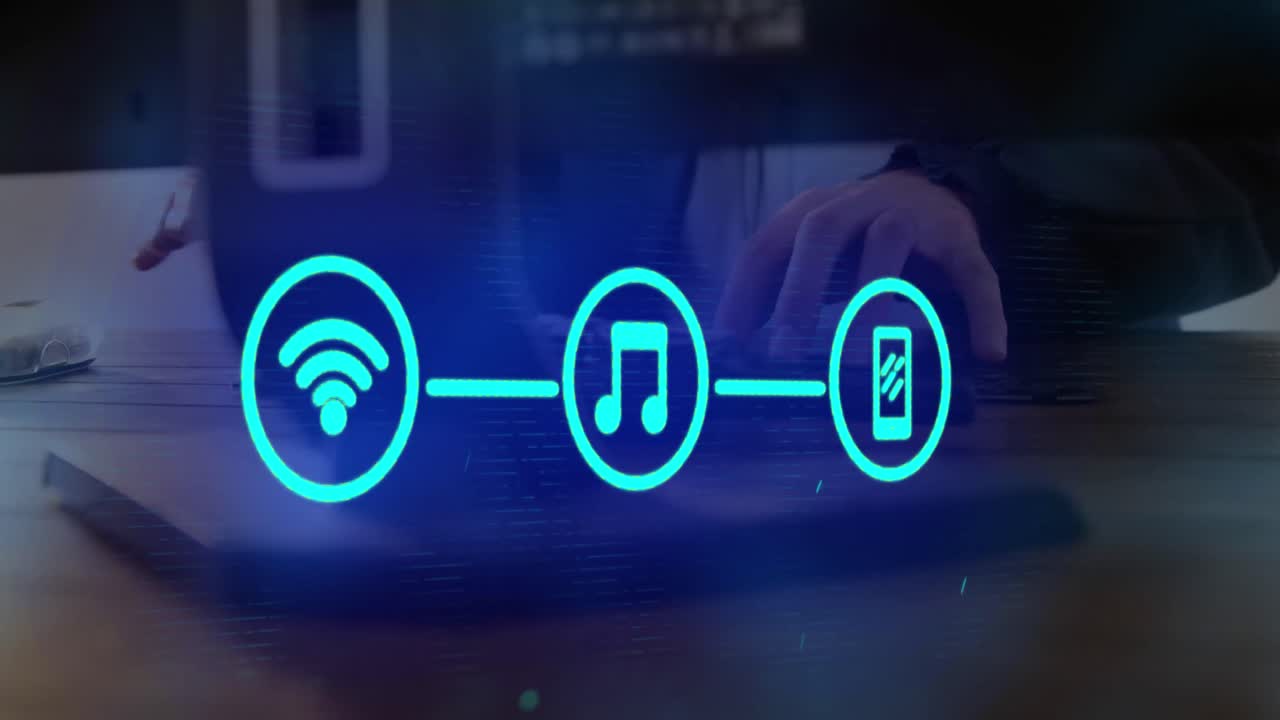 Rete di icone di connessione e uomo che usa il computer