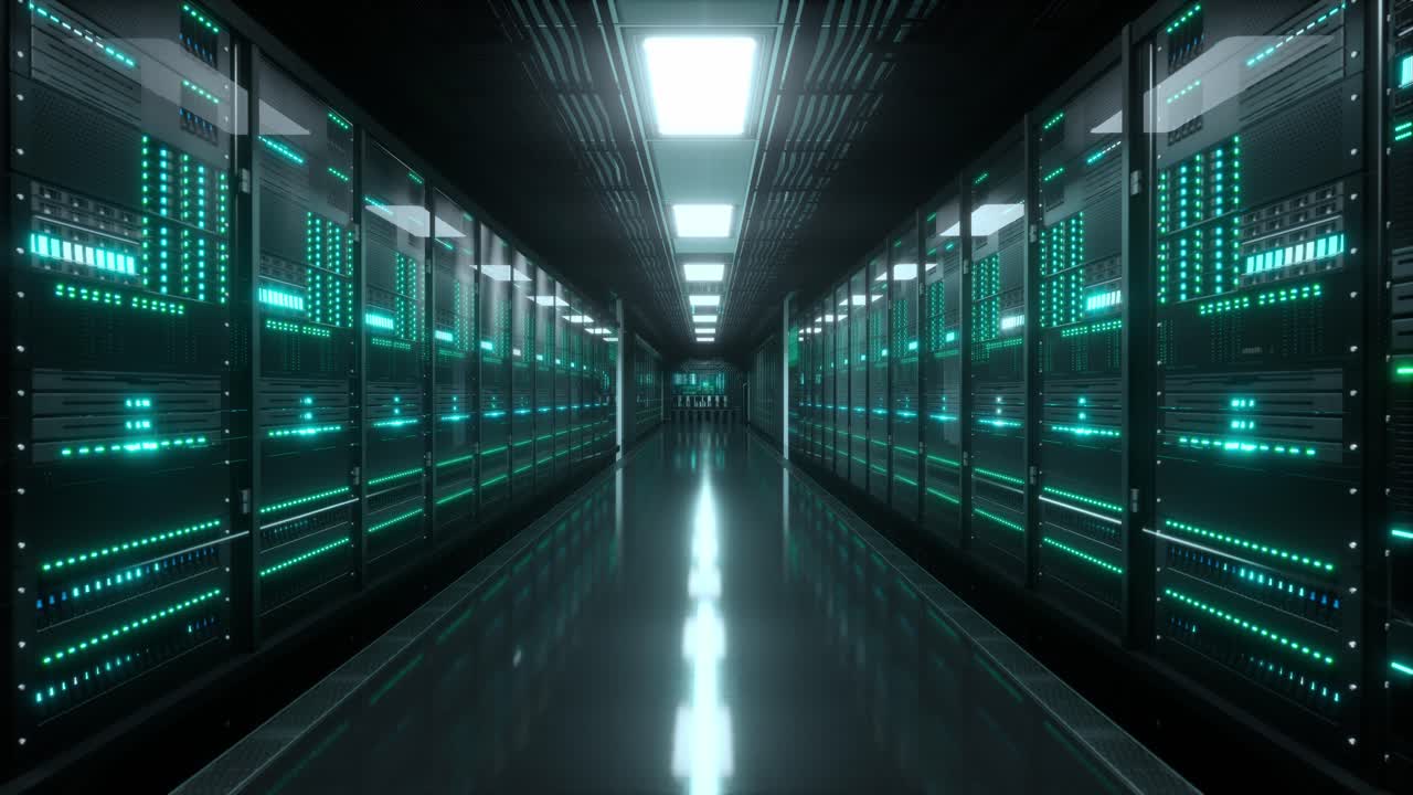 Inside Large Data Center. Advanced Cloud Computing Concept. Corridor With Server Racks And Cabinets Full Of Hard Drives