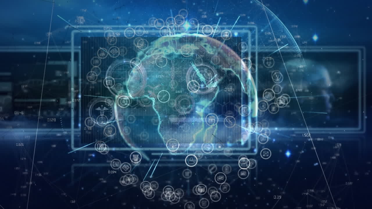 파란색 배경에 회전하는 지구상에서 빛의 흔적과 디지털 아이콘의 네트워크의 애니메이션