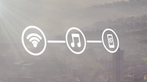 animación de la red de wifi y iconos de medios sobre el paisaje urbano moderno