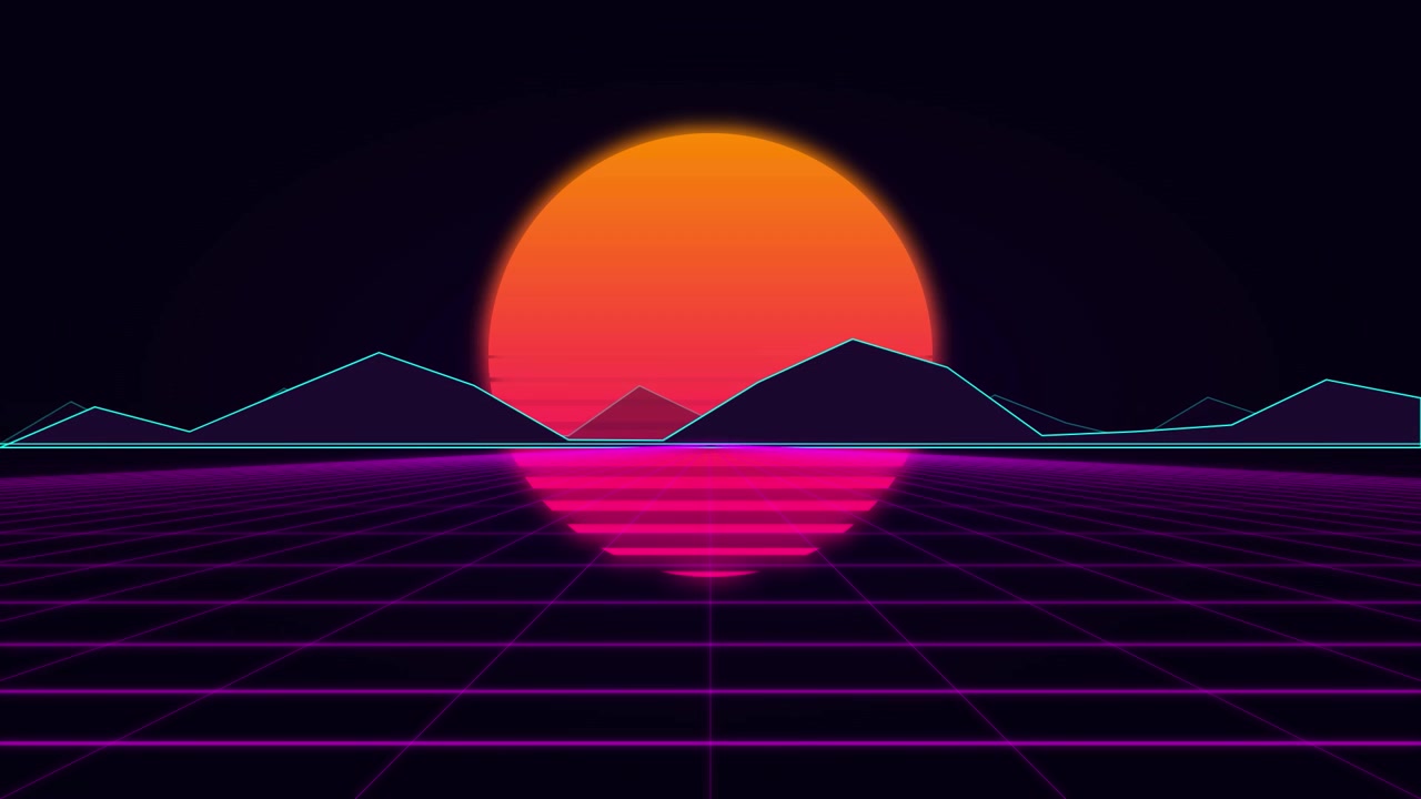 Retro Synthwave Landscape with Glowing Sun and Grid Horizon