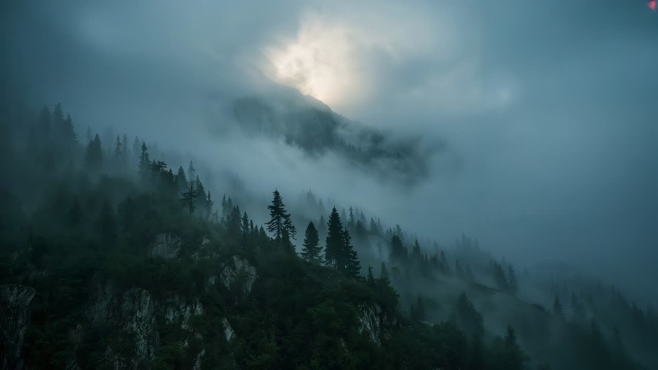 Shifting low cloud bank moving left revealing forested alpine ridge, showing conifer trees