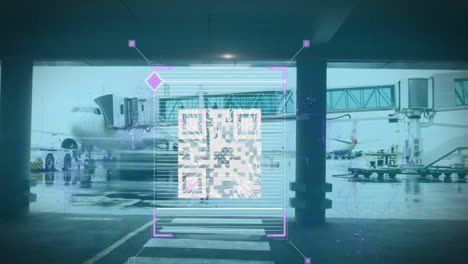 white qr code over fast motion people walking on the airport