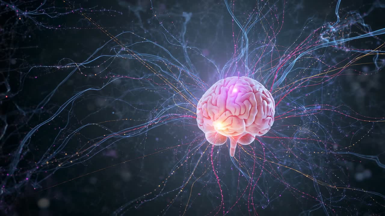 Starting glow, brain model pulsing along neural fibers over dark field showing synaptic activity