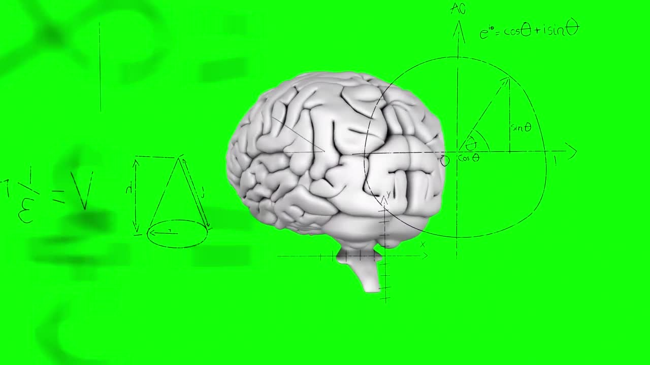 녹색 배경에 대한 인간의 디지털 뇌에 대한 수학적 방정식과 다이어그램의 애니메이션