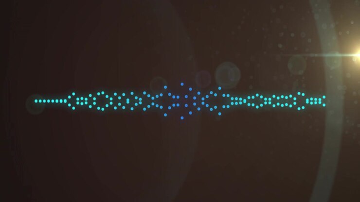 Dot row materializing initiating waveform clustering dissolving under lens flare for visualization