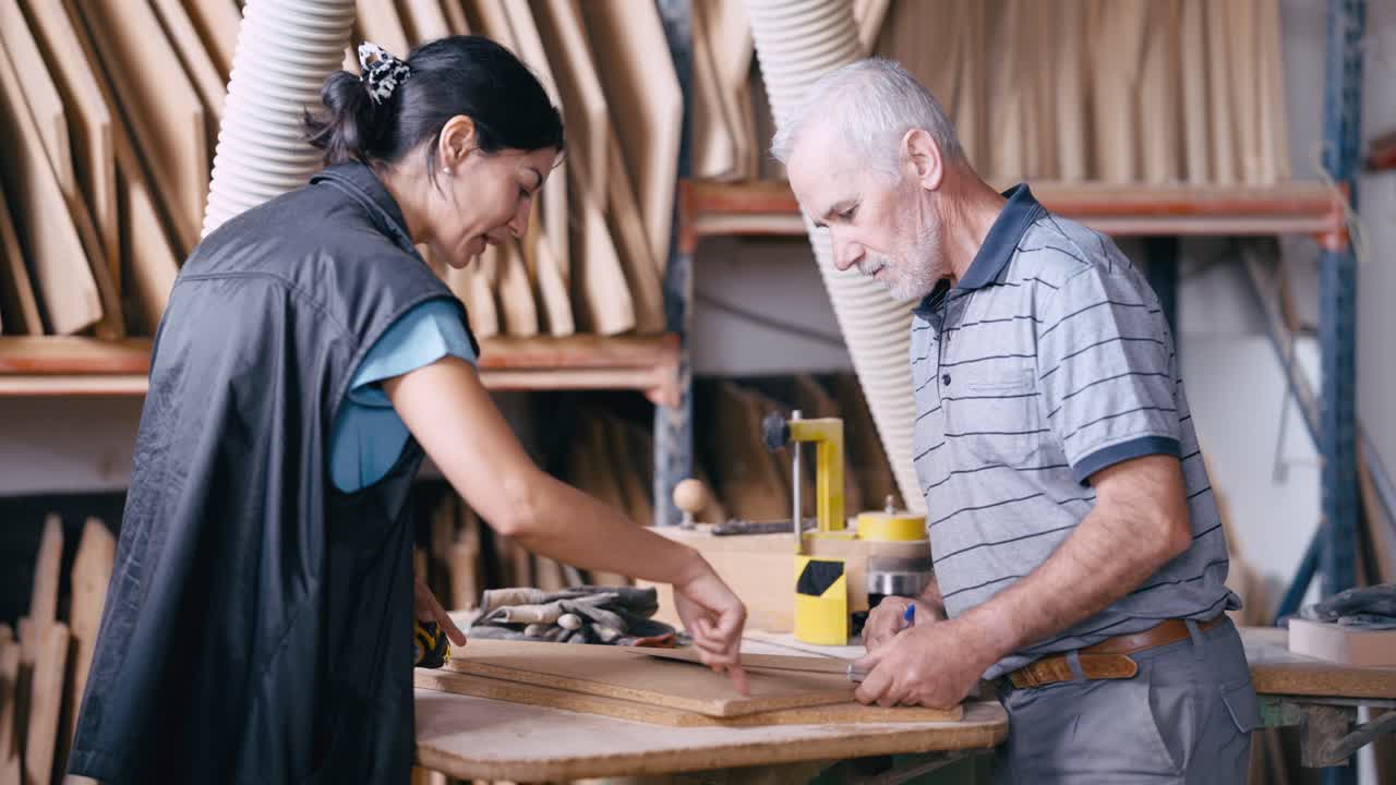Two Carpenters Measuring and Marking Wood in a Factory