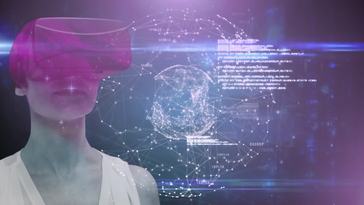 mujer con auriculares vr sobre el universo con múltiples estrellas