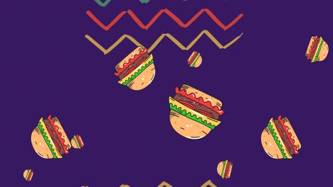 Animación-De-Hamburguesas-Cayendo-Con-Líneas-En-Zigzag-Verdes,-Amarillas-Y-Rojas-Sobre-Fondo-Morado-Oscuro