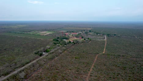 Toma-Aérea-De-Una-Enorme-Hacienda-Henequenera-En-Yucatán-México-Durante-El-Verano