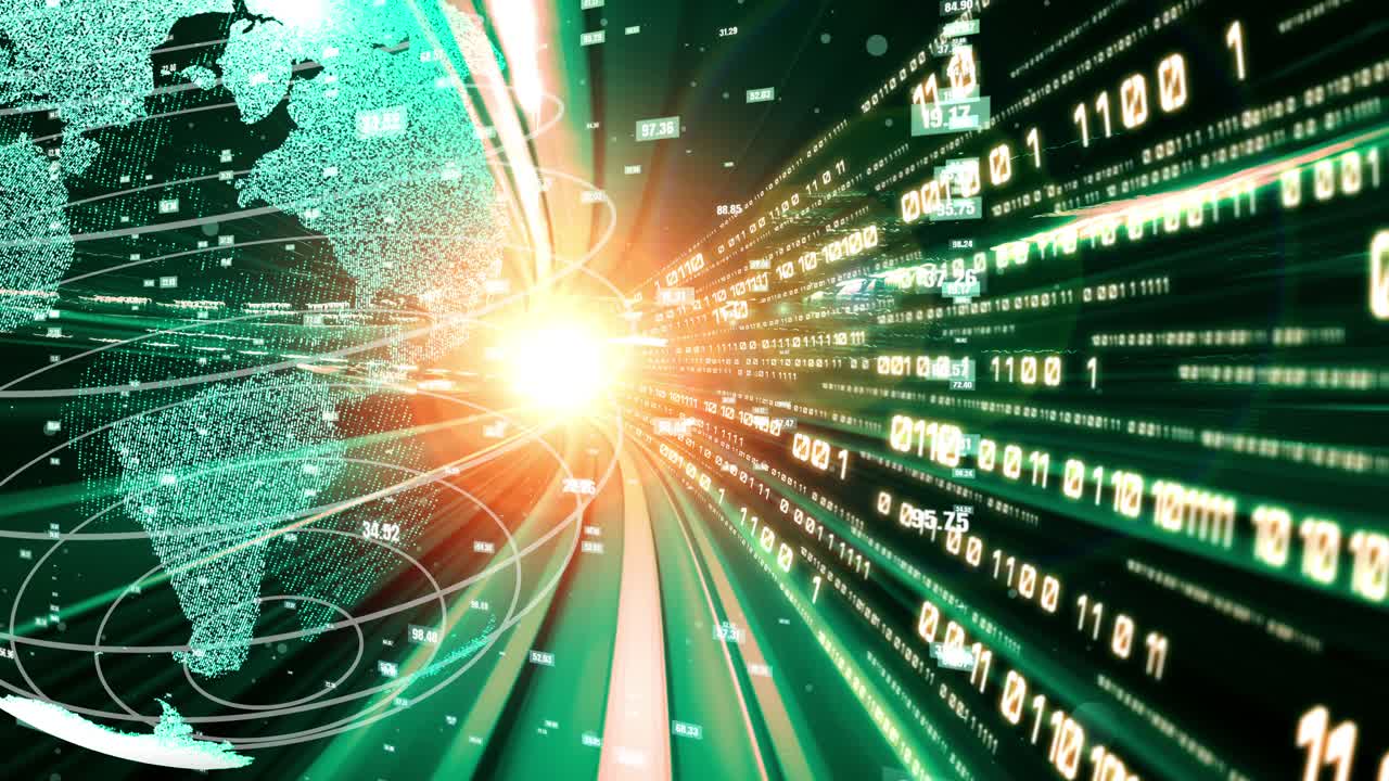 Futuristic global network and tacit digital data transfer 3D graphic