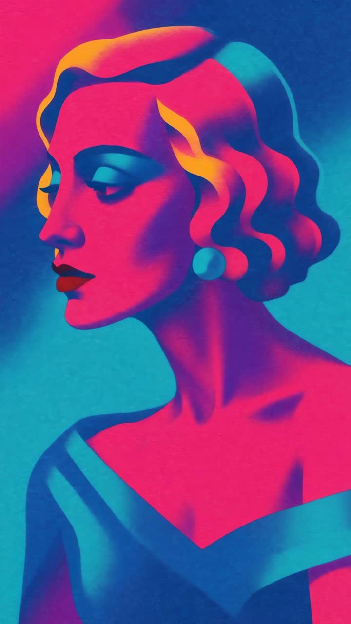 Levende pop art-portræt af en kvinde med stærke farver. Filmet forfra