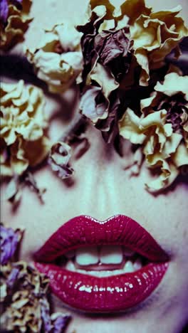 Close-up of a woman's face adorned with vibrant red lipstick, featuring dried flowers delicately obscuring her eyes, creating an intriguing and artistic portrait filled with mystery