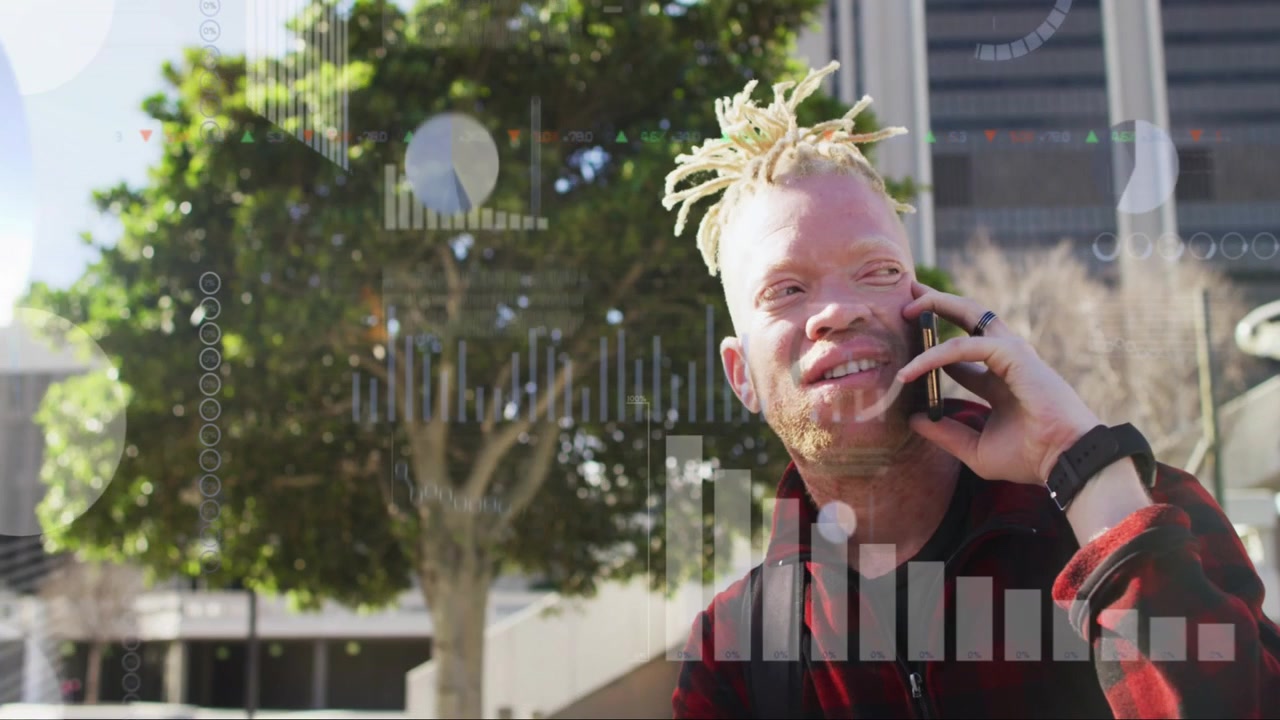 Man answering call in plaza, speaking while HUD charts animating over phone for business update