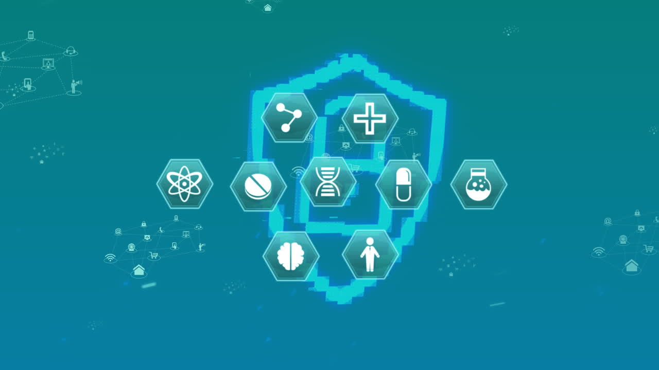 녹색 배경에 있는 온라인 보안  ⁇ 락 위의 의료 아이콘의 애니메이션