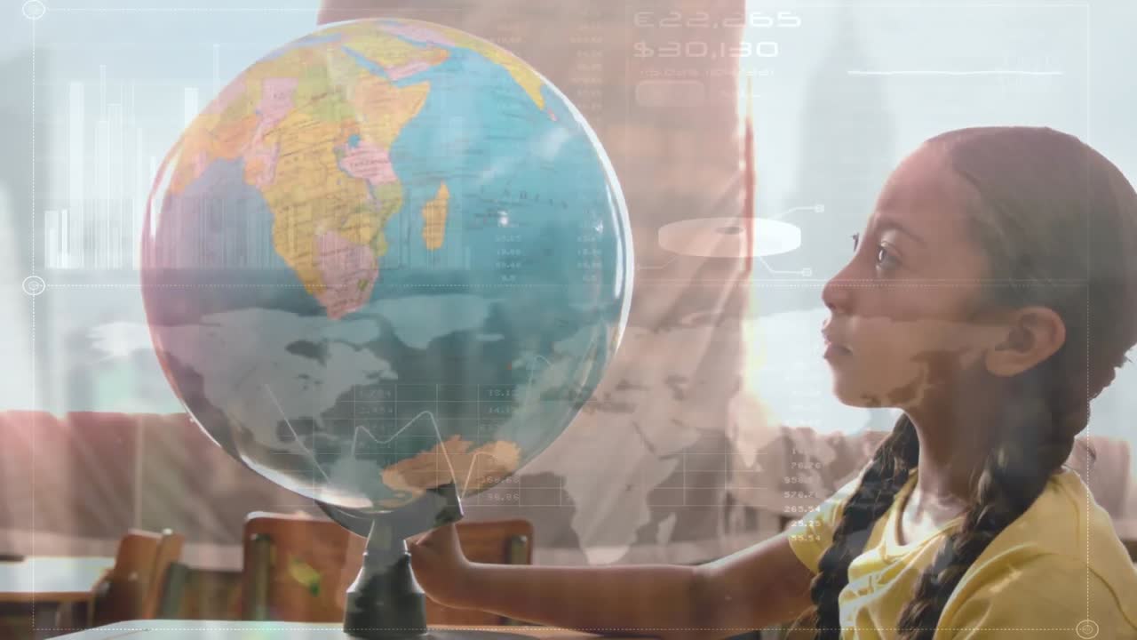 Animation of data processing over schoolgirl looking at globe in class