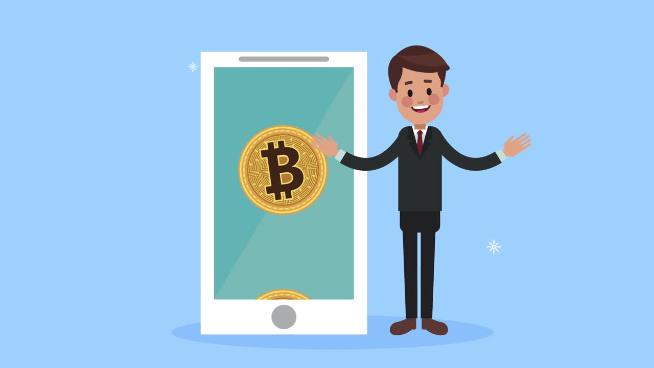 hombre de negocios con bitcoins en el teléfono inteligente