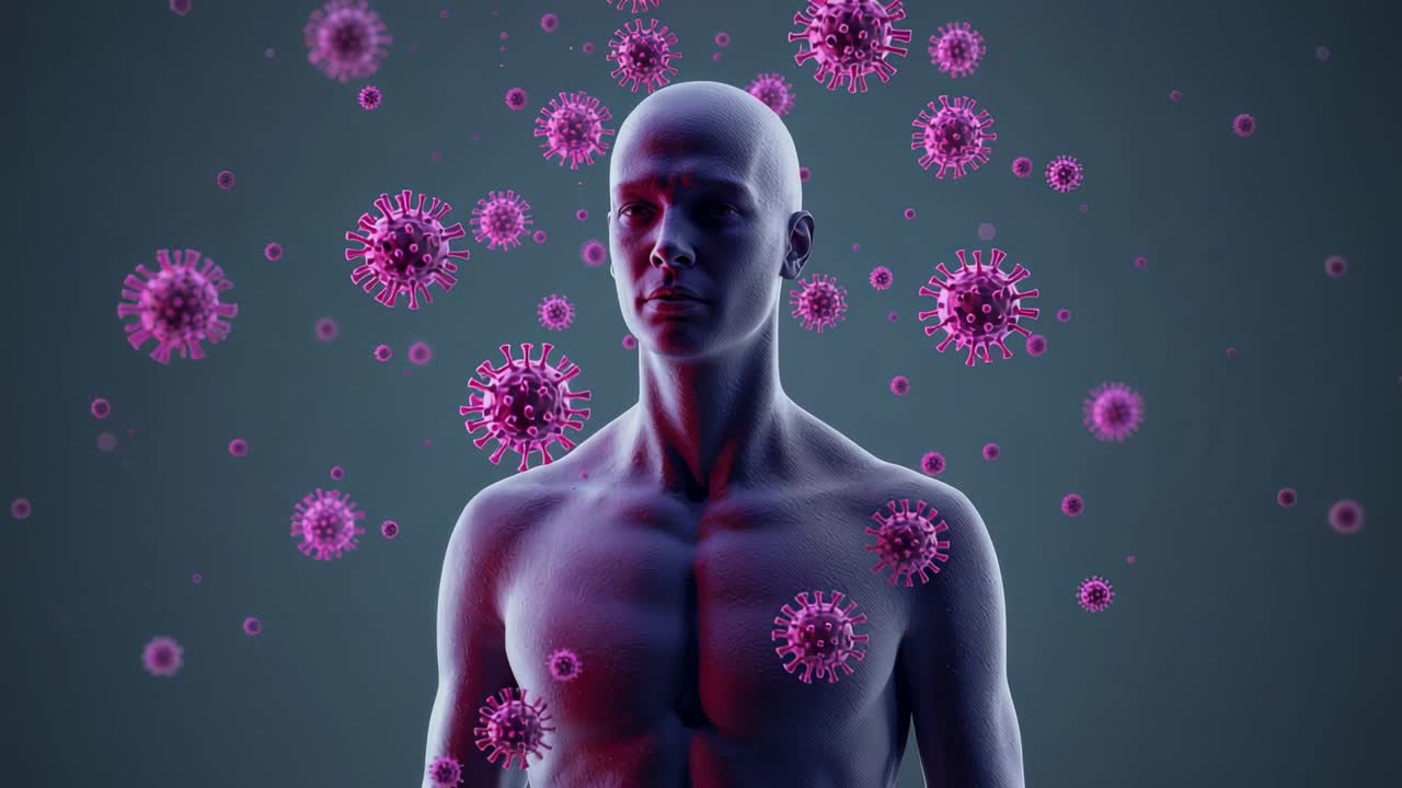 Initiating camera pan revealing 3D torso and head in grey studio, with swirling magenta viruses