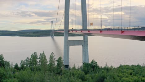 beautiful drone footage over höga kusten bridge sweden