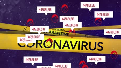 multiple speech bubbles against yellow police tapes with warning, quarantine and coronavirus text