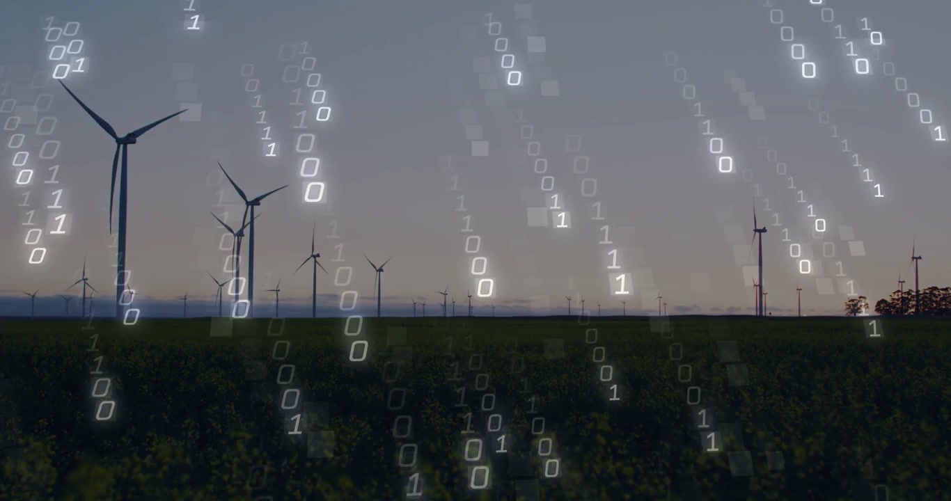 Video verticale: Turbine che ruotano al tramonto, flusso di dati che inizia con pioggia binaria mostrando la produzione di energia.