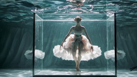 ballet dancer underwater in a glass box