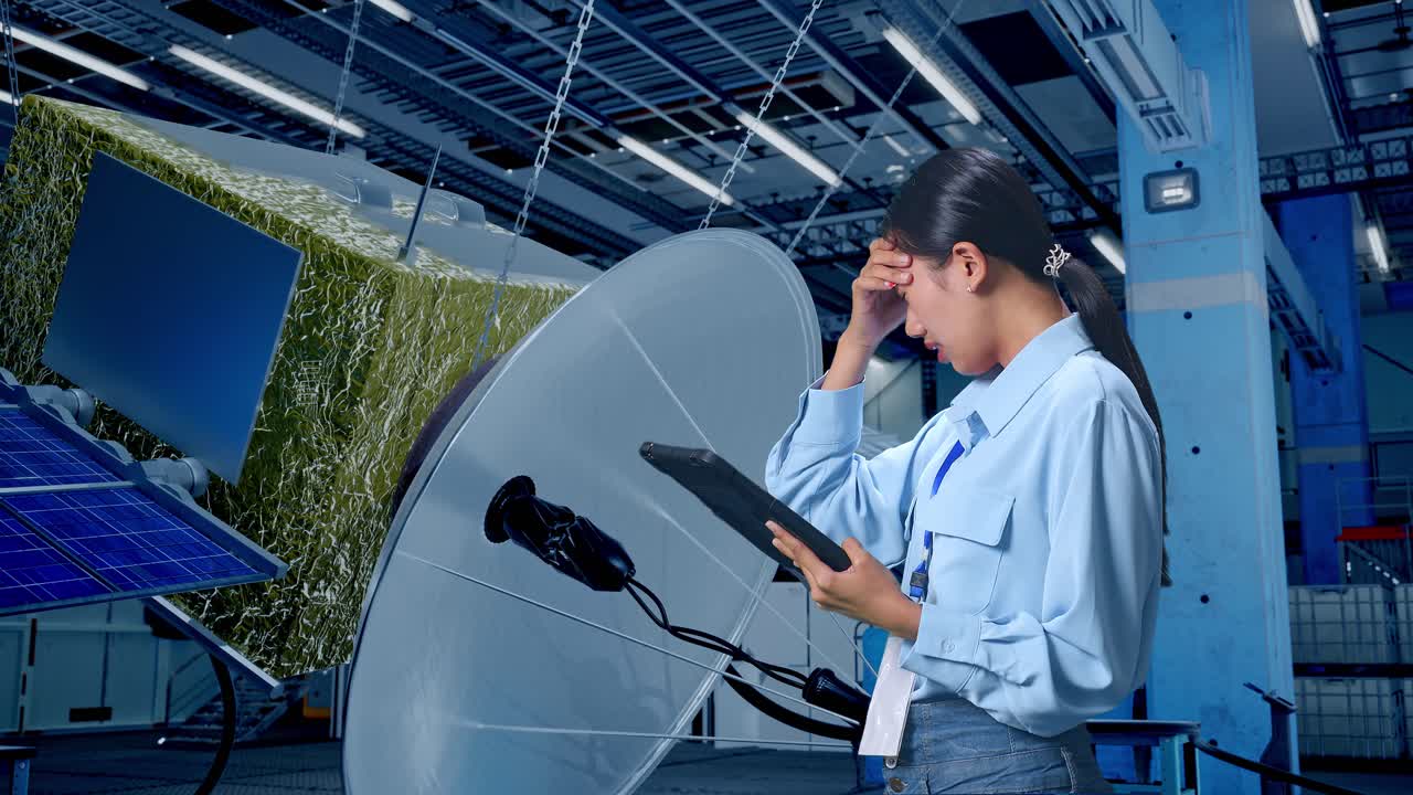 женщина-инженер, столкнувшаяся с техническими проблемами на заводе по производству спутников