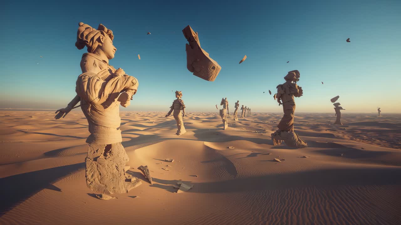 Surreal Desert Landscape with Ancient Statues