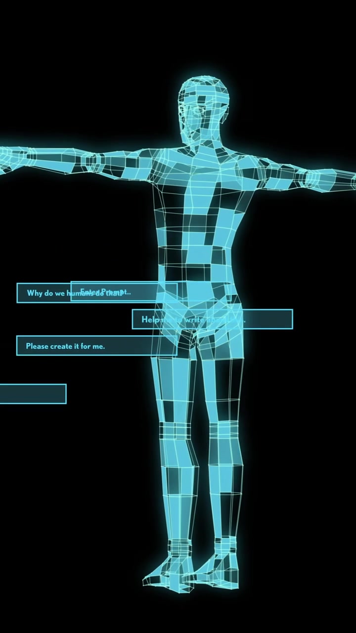Animation of human body and ai data processing over black background