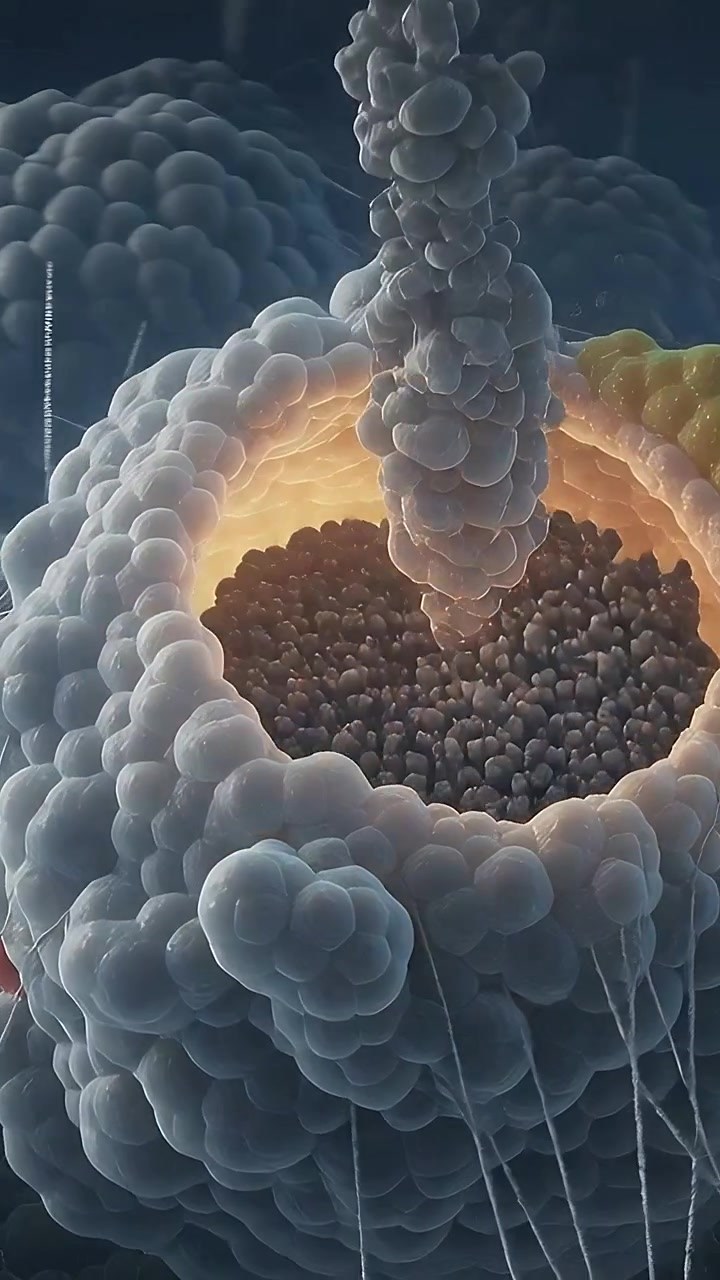 Vertical video: Entering bead column toward vesicle rim, depositing beads into lumen with fibrils