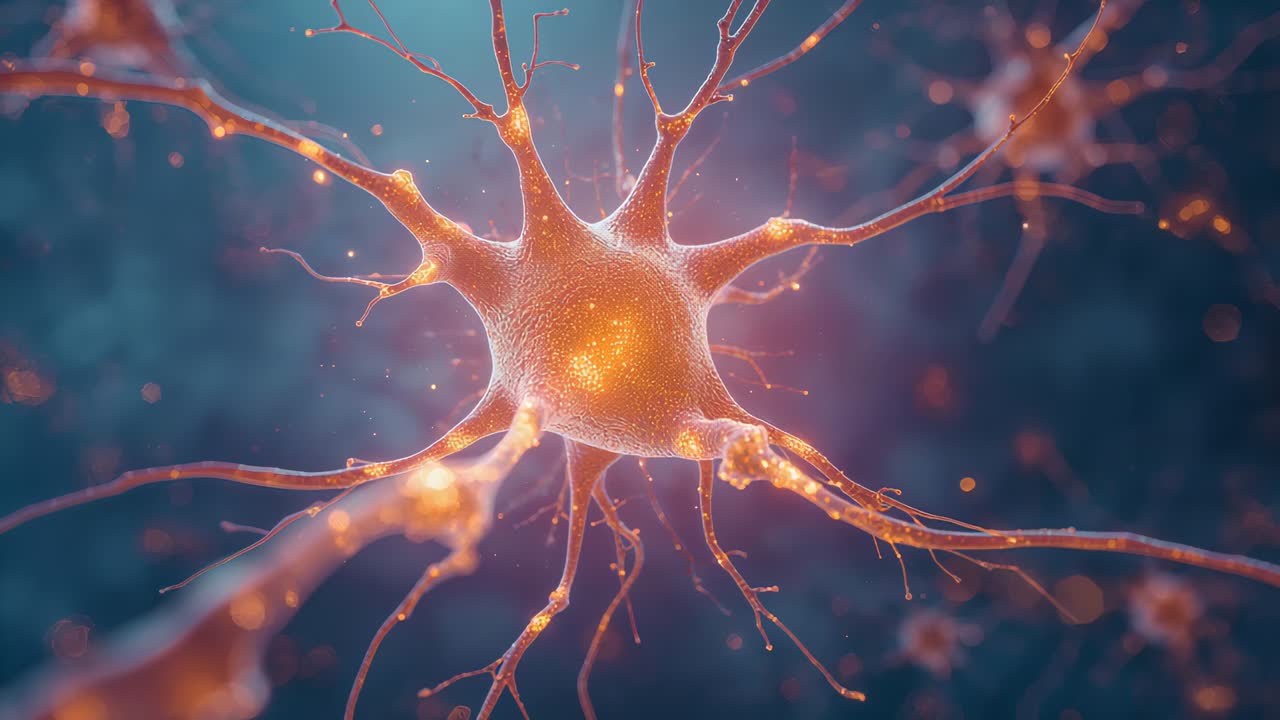 Pushing camera neuron cell body showing pulsing, dendrite lighting revealing signal flow in tissue