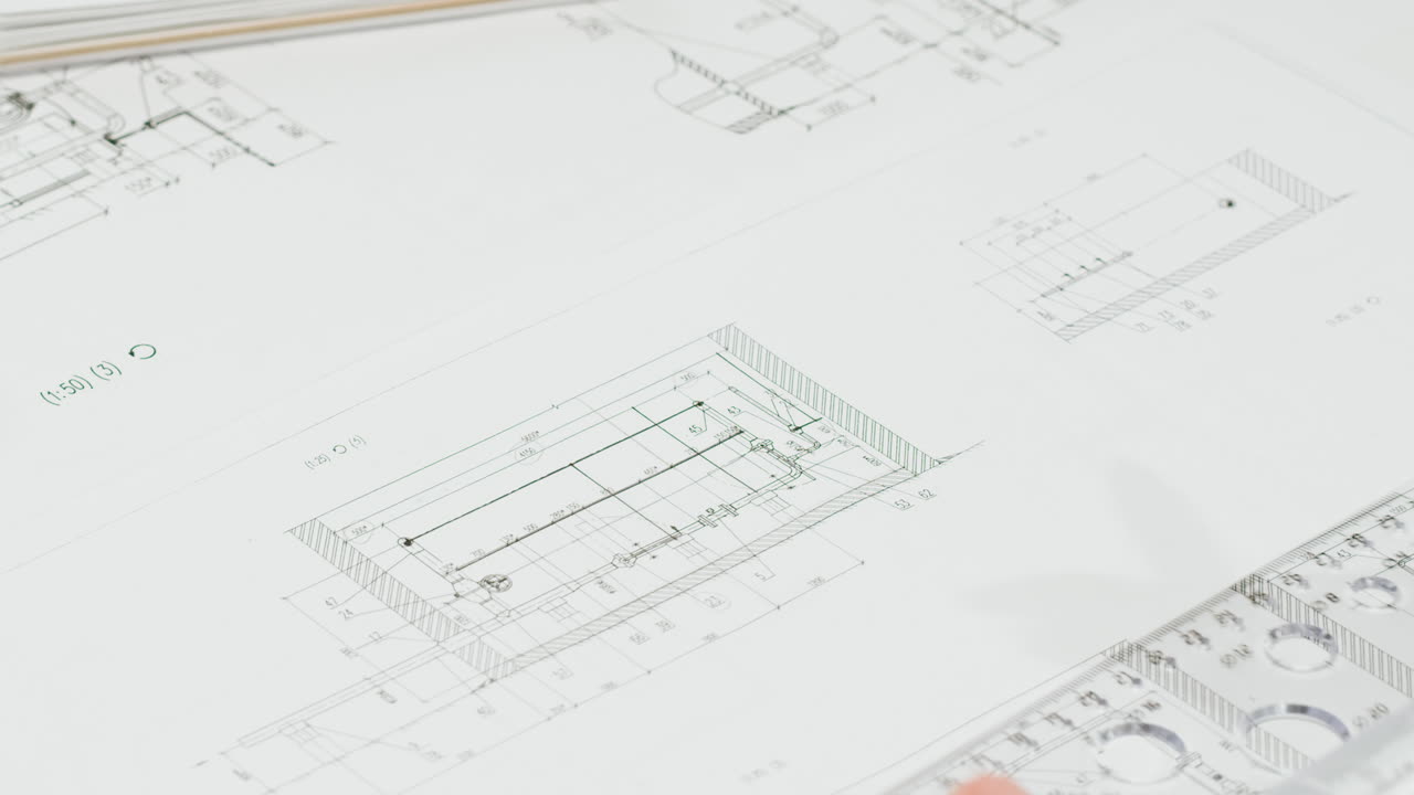 Hands Drafting Architectural Blueprints with Ruler and Pen