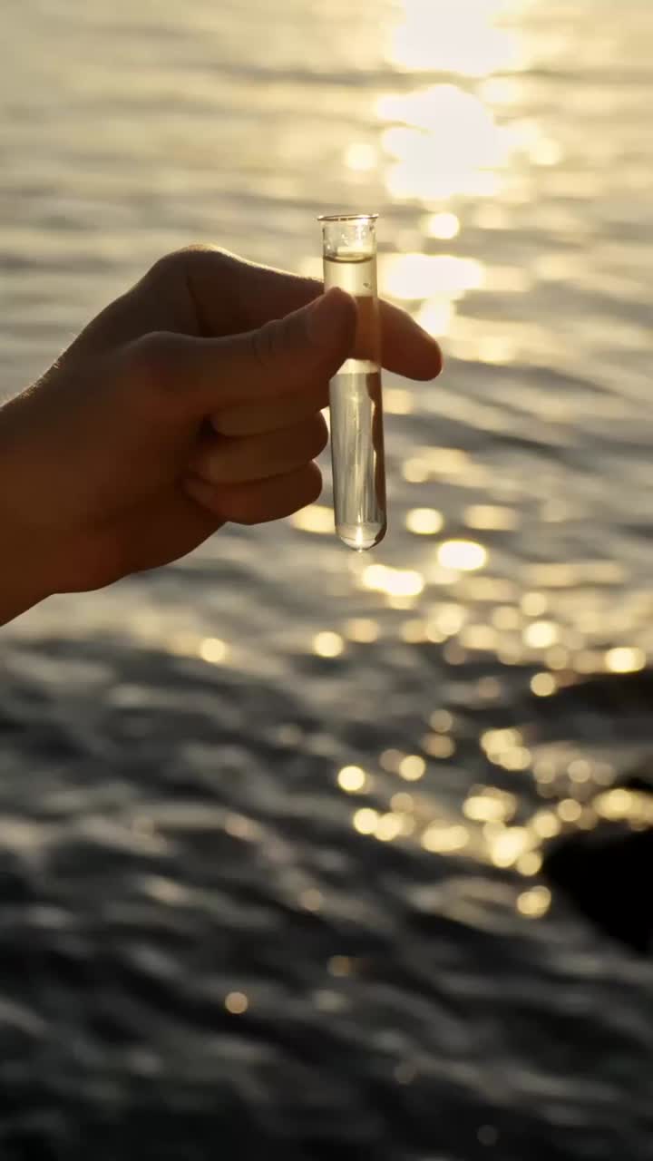Mano che tiene una provetta con un campione di acqua, che analizza l'inquinamento ambientale dovuto allo scarico di sostanze chimiche, analizzando la qualità dell'acqua per danni ecologici e salute pubblica, scatto verticale