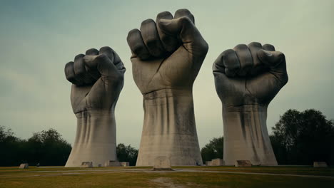 three monumental raised fist sculptures