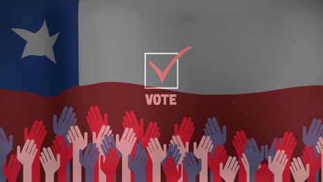 raised hands in various colors with vote text on flag animation background