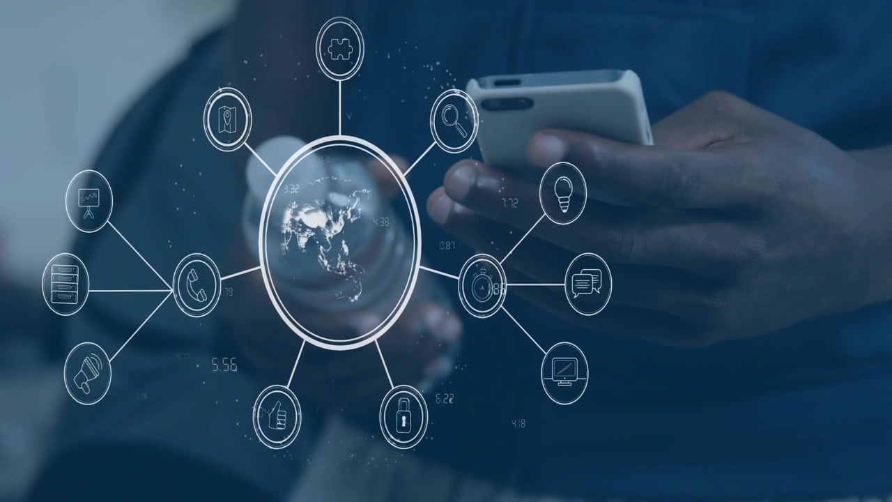 Man tapping phone, holding bottle, animating globe, highlighting icons and scanning bottle for tech