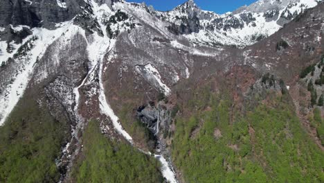 waterfall on the slope of the alpine mountain covered with white snow in valbona valley, albania