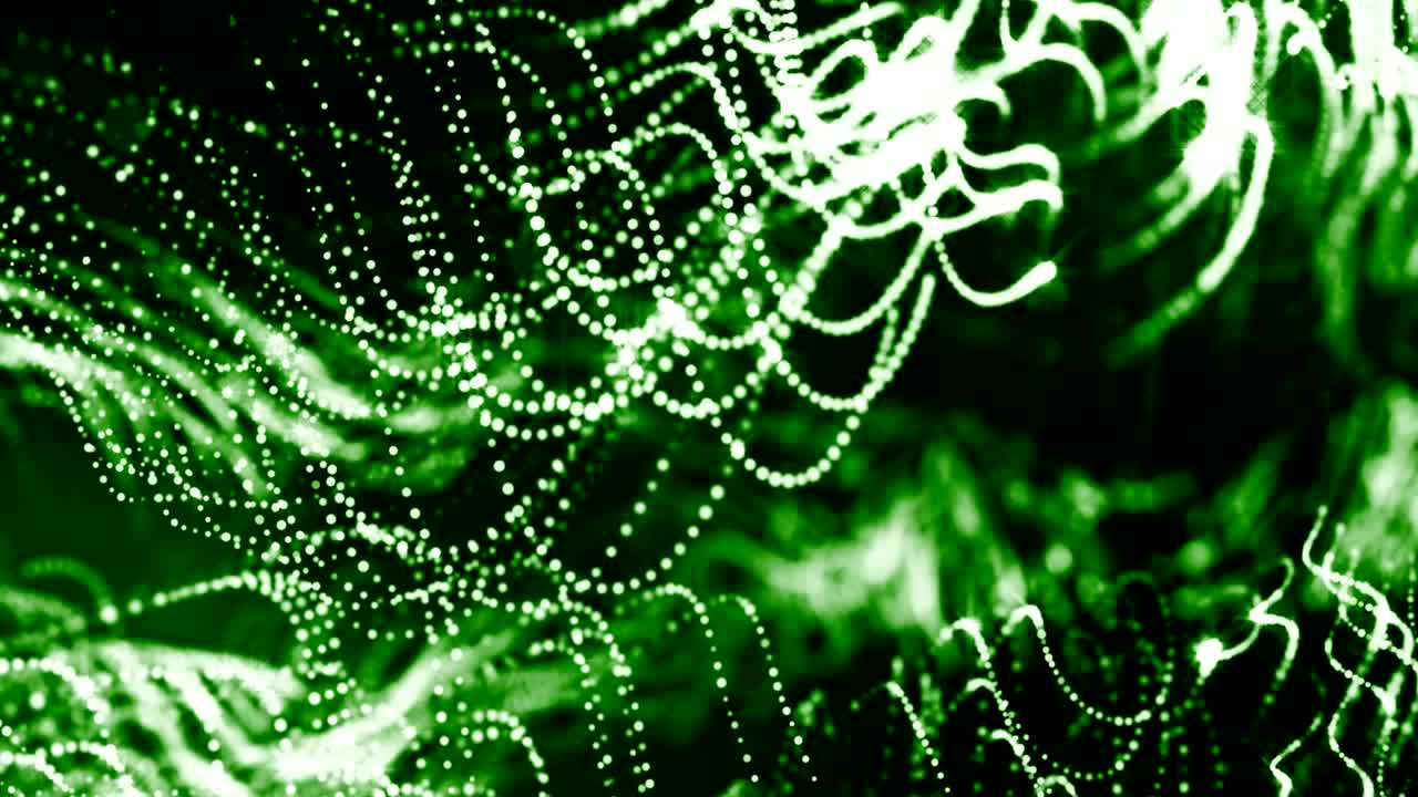 la animación de bucle de renderizado 3d de las partículas de brillo forma líneas oscilantes como guirnalda oscilante como fondo festivo o fondo abstracto de partículas con profundidad de campo y bokeh como bucle vj. verde 7