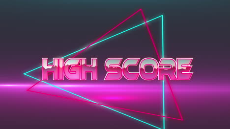 animation of high score text banner against pink light trails against grey background